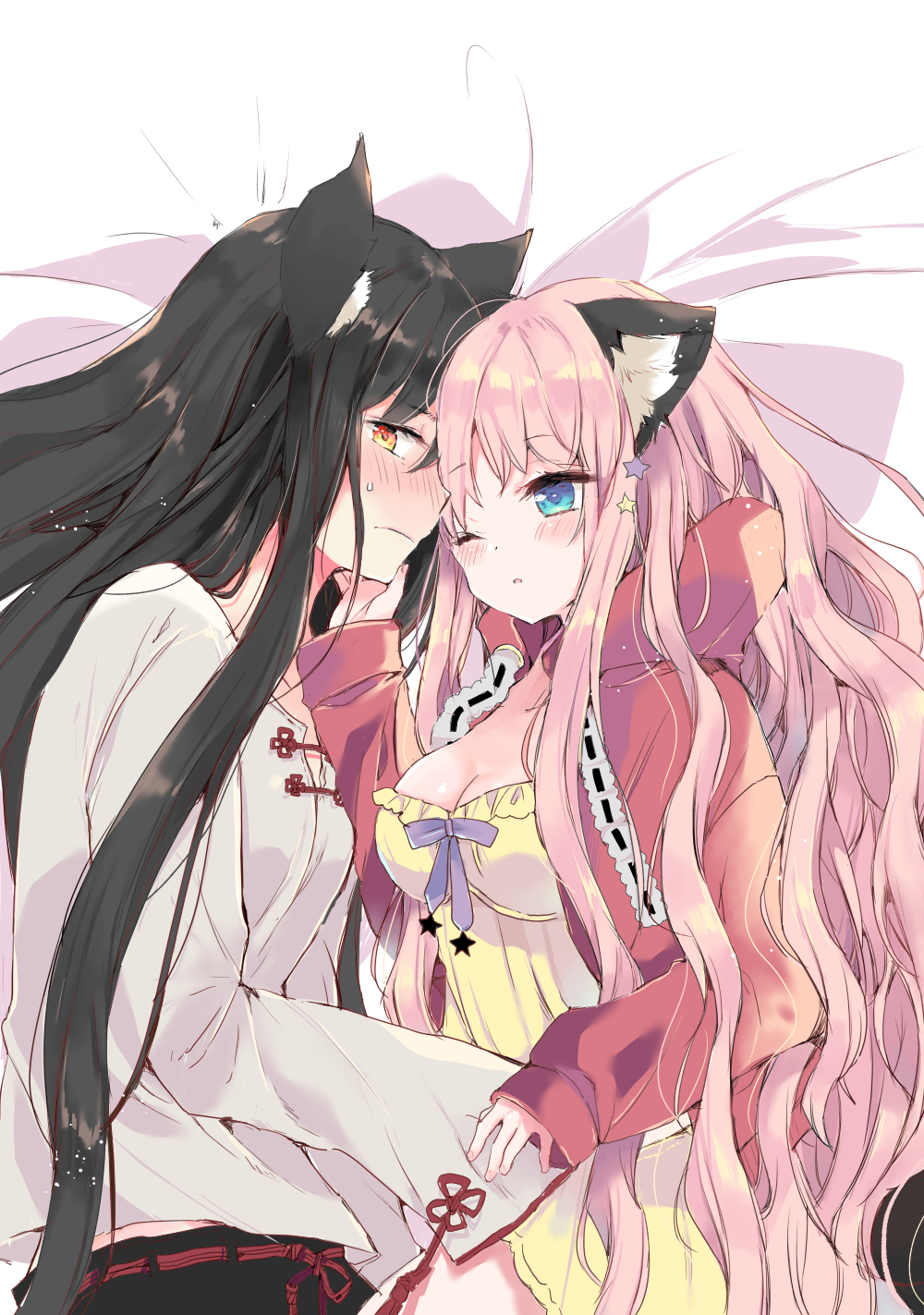 2girls, ;o, animal_ear_fluff, animal_ears, bangs, bed_sheet, black_hair, blue_eyes, blush, breasts, brown_eyes, cleavage, closed_mouth, collarbone, commentary_request, dress, eyebrows_visible_through_hair, fingernails, hair_between_eyes, hair_ornament, highres, jacket, long_hair, long_sleeves, lying, medium_breasts, mitoko_(kuma), multiple_girls, nose_blush, on_side, one_eye_closed, open_clothes, open_jacket, original, parted_lips, pink_hair, red_jacket, shirt, sleeves_past_wrists, small_breasts, star, star_hair_ornament, sweat, very_long_hair, white_shirt, wide_sleeves, wolf_ears, yellow_dress, yuri