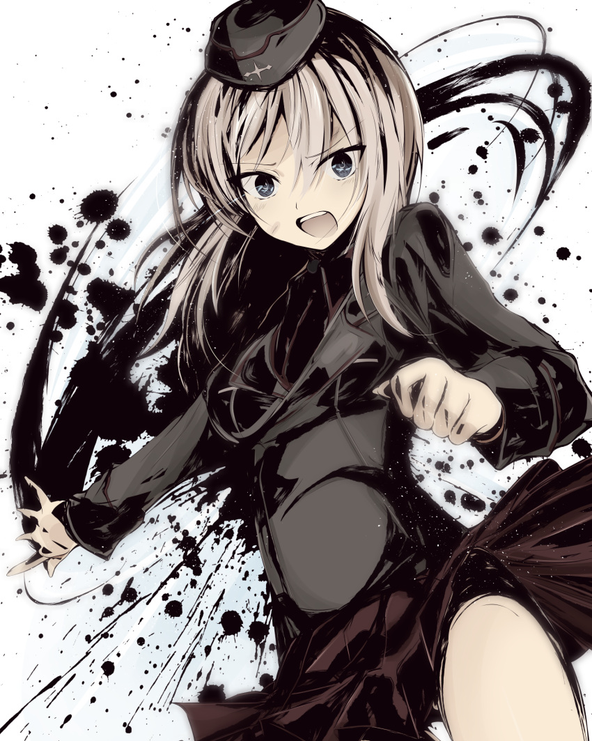 1girl, action, black_hat, black_jacket, blue_eyes, clenched_hand, commentary, cowboy_shot, dress_shirt, emblem_charge, eyebrows_visible_through_hair, frown, garrison_cap, getsumen_suibaku_ver._a(c), girls_und_panzer, hat, highres, itsumi_erika, jacket, kuromorimine_military_uniform, light_particles, long_hair, long_sleeves, looking_at_viewer, military, military_hat, military_uniform, miniskirt, open_mouth, paint_splatter, pleated_skirt, red_shirt, red_skirt, shirt, silver_hair, sketch, skirt, skirt_lift, solo, standing, uniform, wind, wind_lift