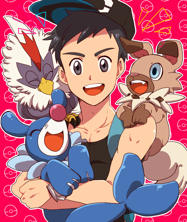 1boy, :d, baseball_cap, bird, black_hair, black_hat, blue_eyes, claws, creatures_(company), game_freak, gen_5_pokemon, gen_7_pokemon, grey_eyes, hat, holding, koma_saburou, looking_at_viewer, male_focus, nintendo, open_mouth, outline, patterned_background, pink_background, poke_ball, poke_ball_(generic), pokemon, pokemon_(game), pokemon_sm, popplio, rockruff, sitting_on_shoulder, sleeveless, smile, upper_body, white_outline, you_(pokemon)