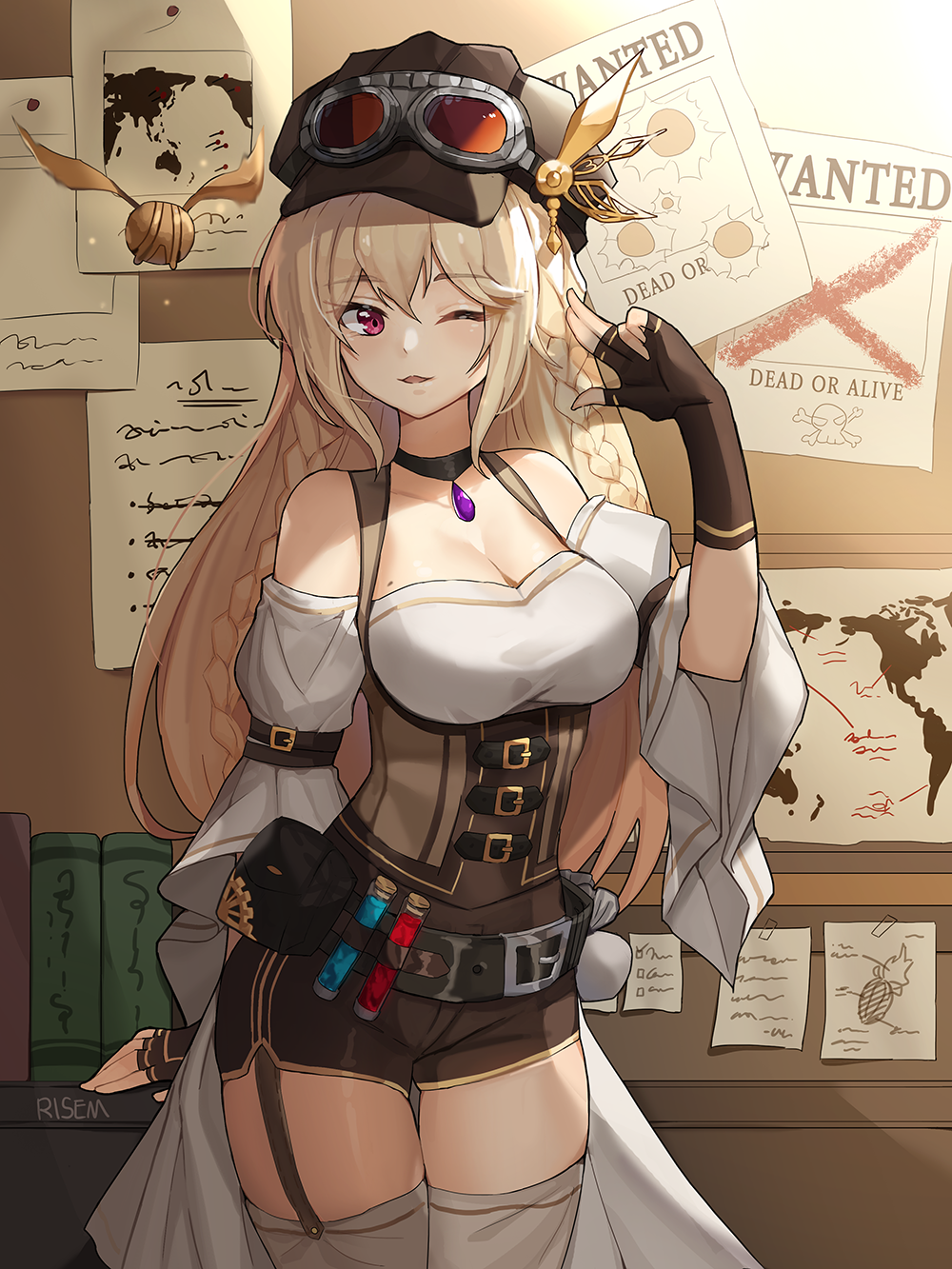 1girl, ;), artist_name, bare_shoulders, belt, belt_pouch, black_choker, blonde_hair