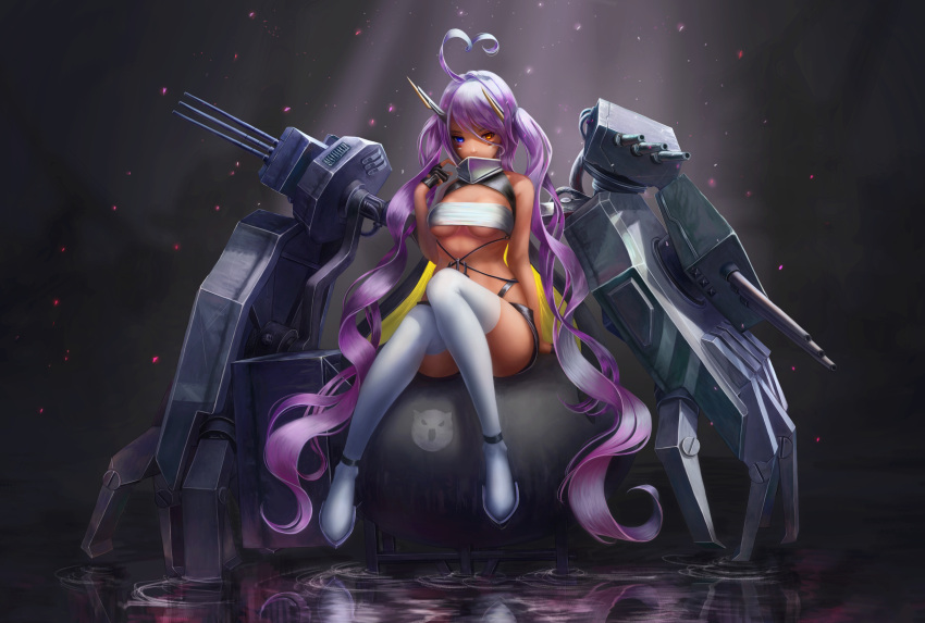 1girl, absurdres, ahoge, asymmetrical_legwear, atomic_bomb, azur_lane, bandeau, bare_shoulders, blue_eyes, breasts, cannon, dark_skin, dori_(pixiv_36360503), gloves, hand_up, headgear, heart_ahoge, heterochromia, highres, huge_filesize, indianapolis_(azur_lane), light_particles, long_hair, looking_at_viewer, medium_breasts, partly_fingerless_gloves, pink_hair, rigging, ripples, rudder_footwear, sitting, strapless, thigh-highs, turret, twintails, under_boob, very_long_hair, white_legwear, yellow_eyes
