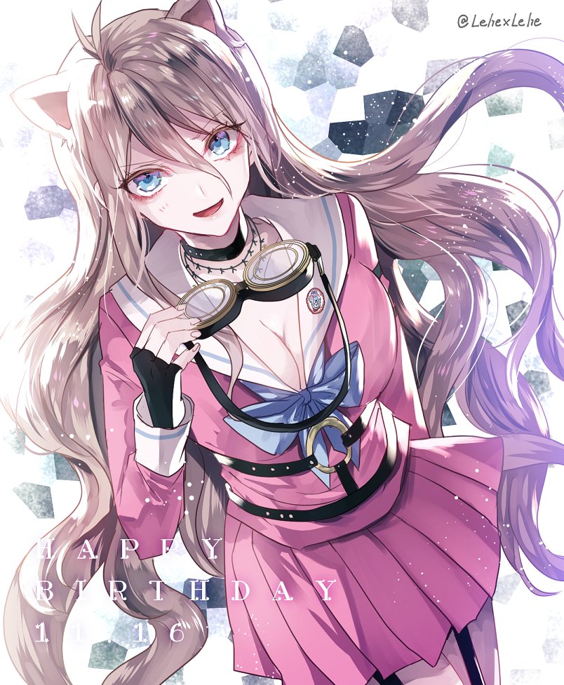 1girl, :d, animal_ears, arm_behind_back, black_gloves, blue_eyes, blue_neckwear, breasts