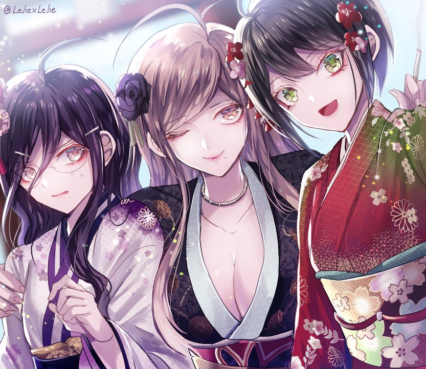 3girls, :d, ahoge, alternate_costume, alternate_hairstyle, bangs, black_flower, black_hair