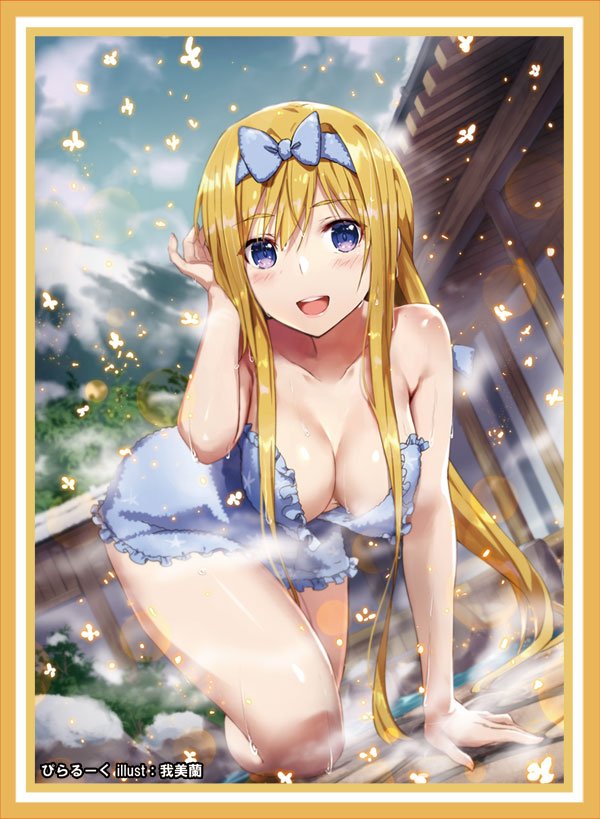 1girl, alice_schuberg, all_fours, artist_name, blonde_hair, blue_bow, blue_eyes, blue_towel