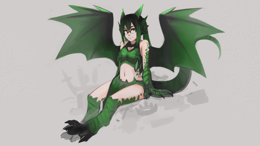 1girl, bare_shoulders, black_hair, breasts, claws, cleavage, cleavage_cutout, commentary, dragon_(monster_girl_encyclopedia), dragon_girl, dragon_wings, english_commentary, full_body, fusion, glasses, gradient_hair, green_eyes, green_hair, grey_background, head_fins, highres, horns, long_hair, looking_at_viewer, midriff, monster_girl, monster_girl_encyclopedia, multicolored_hair, navel, original, paintrfiend, paws, rectangular_eyewear, scales, simple_background, sitting, smile, solo, tail, tharkis, twintails, wings