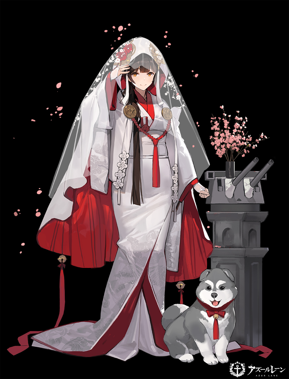 1girl, azur_lane, black_background, black_hair, blush, breasts, bride, brown_eyes, closed_mouth, dog, eyebrows_visible_through_hair, flower, full_body, highres, hood, japanese_bride, japanese_clothes, japanese_wedding, kimono, kishiyo, large_breasts, long_hair, looking_at_viewer, official_art, simple_background, smile, solo, takao_(azur_lane), traditional_clothes, uchikake, vase, wedding_dress