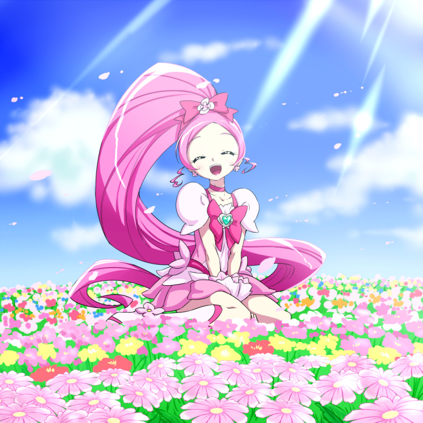 1girl, :d, ^_^, blue_sky, boots, choker, closed_eyes, closed_eyes