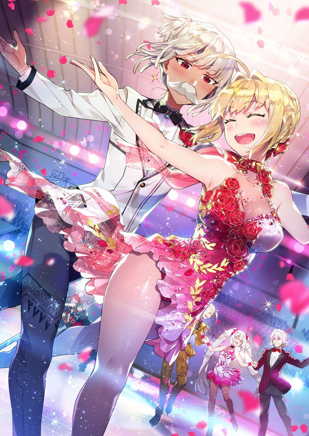3girls, 4boys, ahoge, alexander_(fate/grand_order), altera_(fate), altera_the_santa, antonio_salieri_(fate/grand_order), black_hair, blonde_hair, breasts, cleavage, dress, facial_hair, fate/grand_order, fate_(series), figure_skating, floral_print, flower, formal, hair_bun, hair_intakes, highres, ice_skates, ice_skating, marie_antoinette_(fate/grand_order), multiple_boys, multiple_girls, mustache, nero_claudius_(fate), nero_claudius_(fate)_(all), open_mouth, pants, petals, red_dress, red_eyes, red_ribbon, redhead, redrop, ribbon, rose, rose_petals, signature, skates, skating, skating_rink, suit, waver_velvet, white_hair, wolfgang_amadeus_mozart_(fate/grand_order), yellow_suit