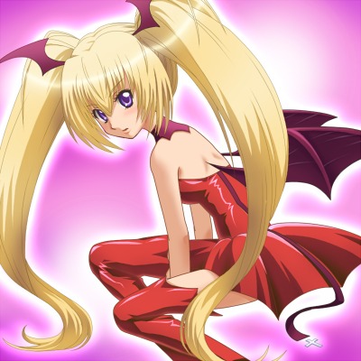 bat_wings, blonde_hair, cross, head_wings, headwings, hoshina_utau, long_hair, lowres