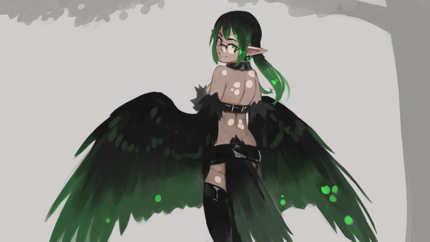 1girl, back, bare_shoulders, bird_tail, black_hair, collar, commentary, earrings