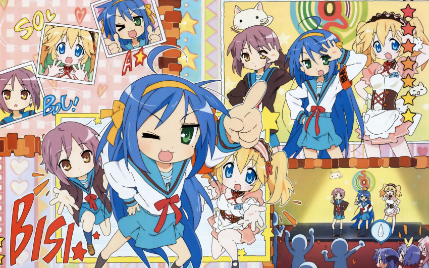 cosplay, crossover, hare_hare_yukai, hiiragi_kagami, hiiragi_tsukasa, izumi_konata, lucky_star, nagato_yuki