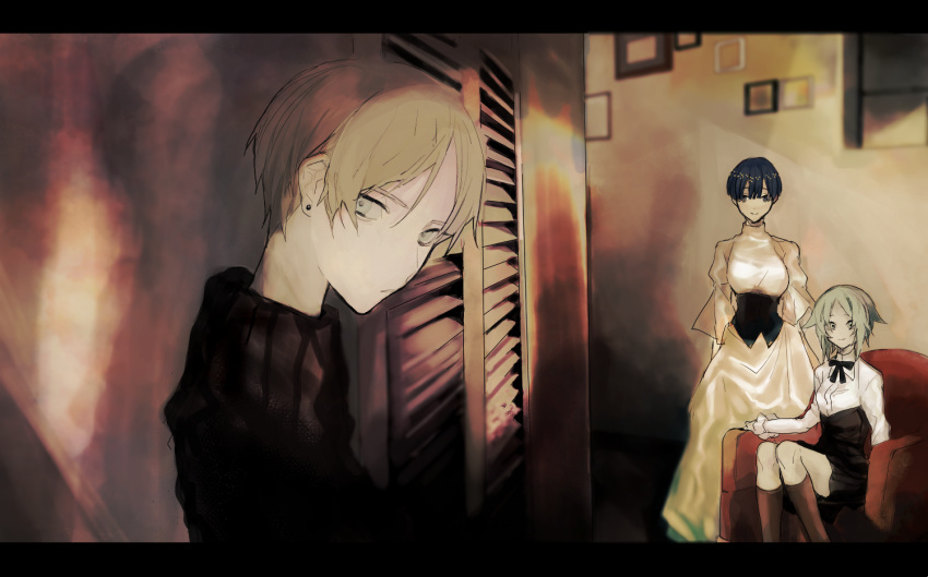 1boy, 2girls, alternate_costume, bangs, blue_eyes, blue_hair, blunt_bangs, contemporary