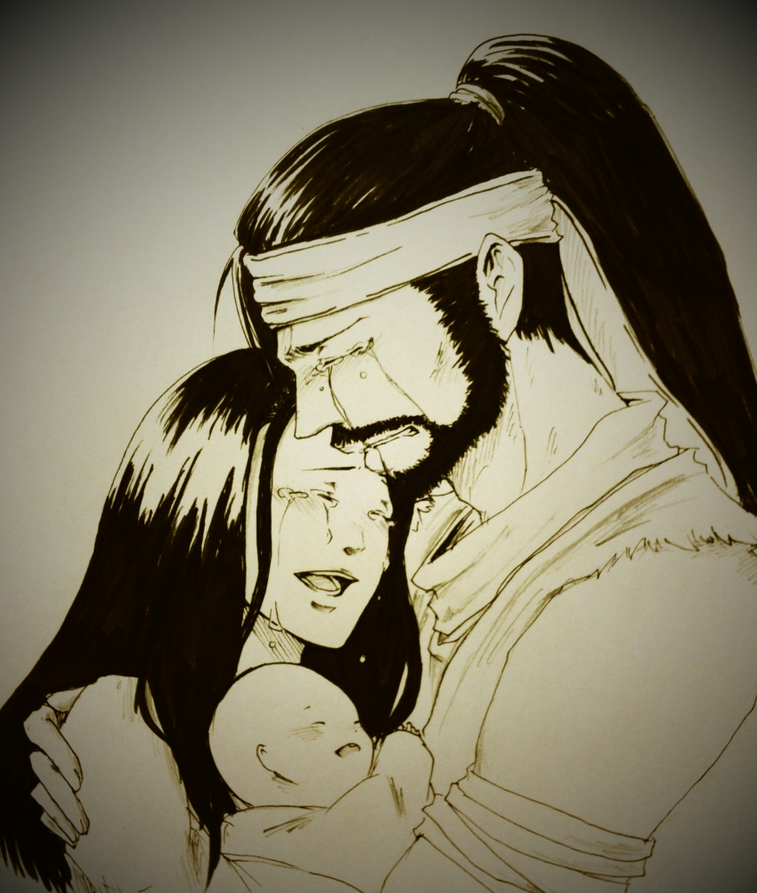 1girl, 2boys, absurdres, baby, bald, black_hair, blush, character_request, commentary, commentary_request, crying, da-da, family, father_and_son, group_hug, hanzo_hasashi, happy, harumi_hasashi, highres, hug, husband_and_wife, jubei_hasashi, kana_hasashi, long_hair, mortal_kombat, mortal_kombat_x, mother_and_son, multiple_boys, satoshi_hasashi, scorpion_(mortal_kombat), sobbing, streaming_tears, tagme, tearing_up, tears, very_long_hair