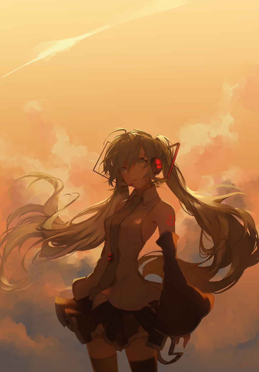 1girl, absurdres, ahoge, bare_shoulders, black_legwear, black_skirt, black_sleeves, breasts
