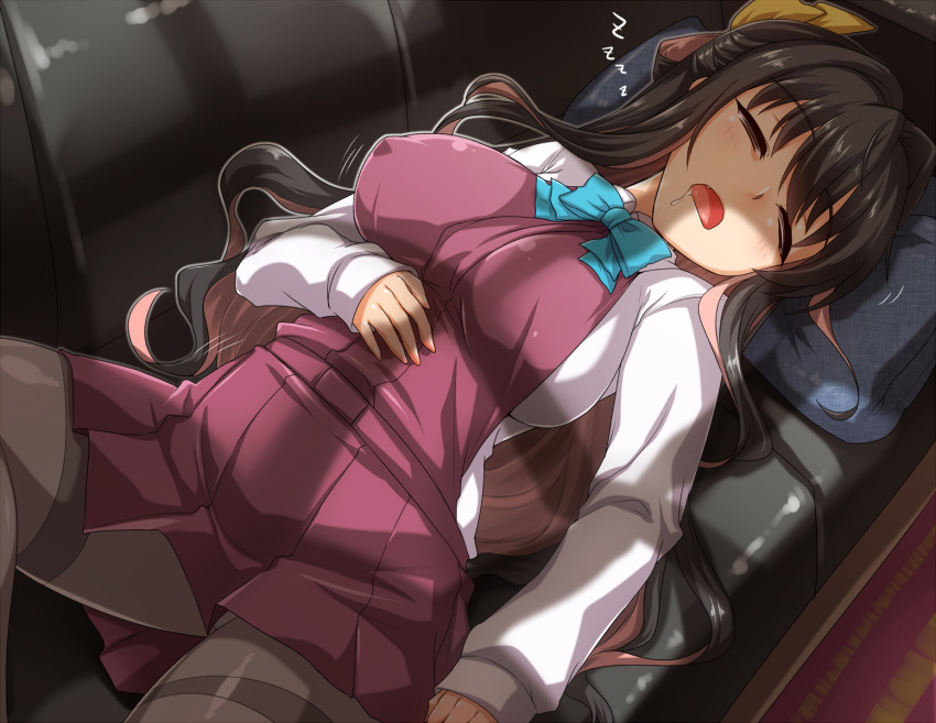 1girl, black_hair, blazer, blouse, blush, bow, bowtie, breasts