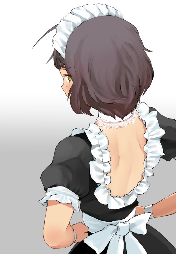 1girl, ahoge, alternate_costume, backless_outfit, bangs, black_dress, blunt_bangs, brown_hair