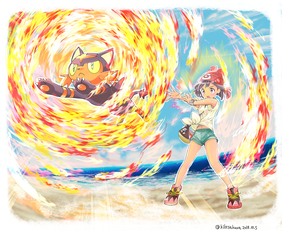 1girl, battle, beach, cat, creature, creatures_(company), fire, game_freak