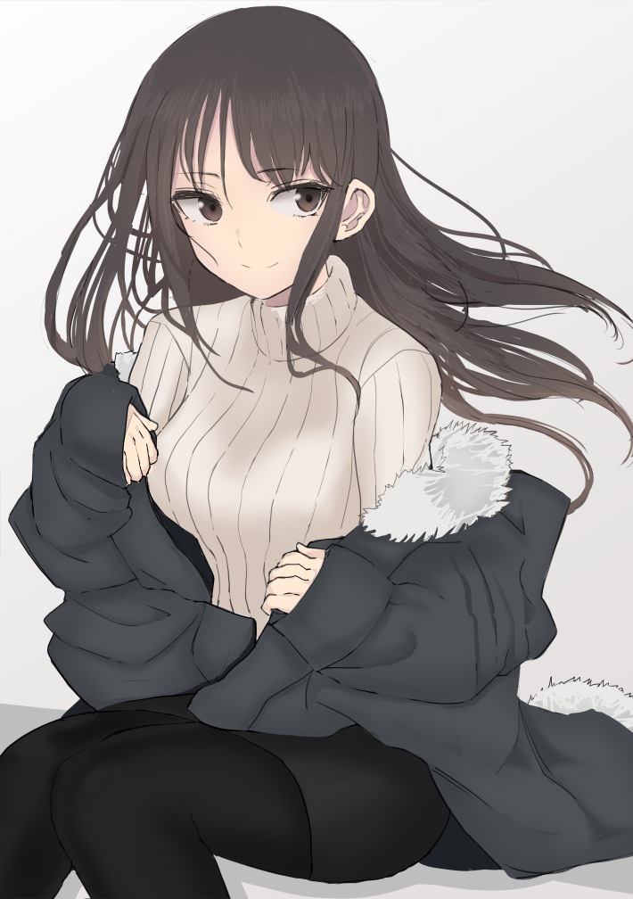 1girl, bangs, black_legwear, black_skirt, brown_eyes, brown_hair, brown_sweater, closed_mouth