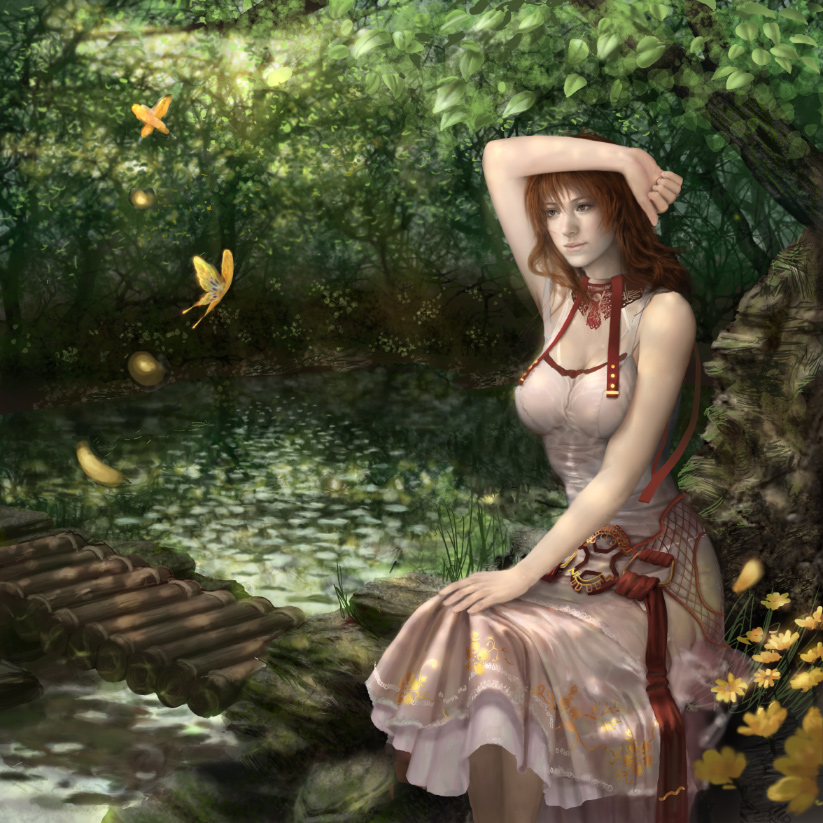 artist_request, butterfly, dress, forest, idnar, nature, realistic, red_hair