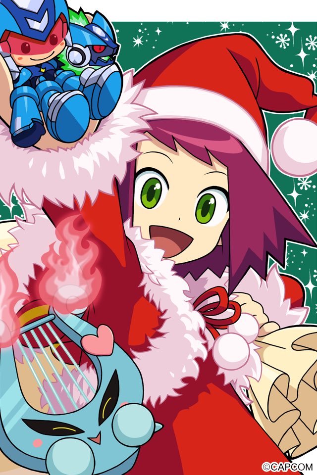 1girl, arm_up, blush, capcom, character_doll, christmas, fur_trim, green_eyes, happy, harp_(ryuusei_no_rockman), hat, heart, hibiki_misora, holding, holding_sack, kataiwa_yuri, looking_at_viewer, official_art, open_mouth, phone_wallpaper, pom_pom_(clothes), purple_hair, red_hat, rockman, ryuusei_no_rockman, sack, santa_costume, santa_hat, short_hair, smile