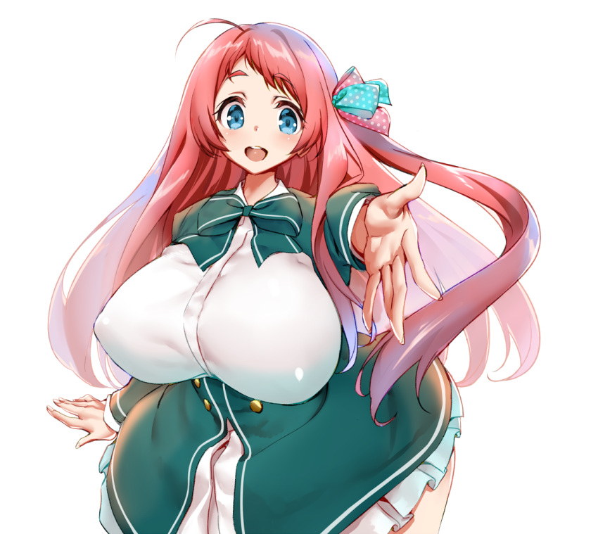 1girl, :d, ahoge, blue_eyes, blush, bow, bowtie, breasts, huge_breasts, long_hair, looking_at_viewer, metk, minamoto_sakura, open_mouth, outstretched_arm, polka_dot, polka_dot_bow, redhead, school_uniform, simple_background, skirt, smile, solo, white_background, wide_hips, zombie_land_saga