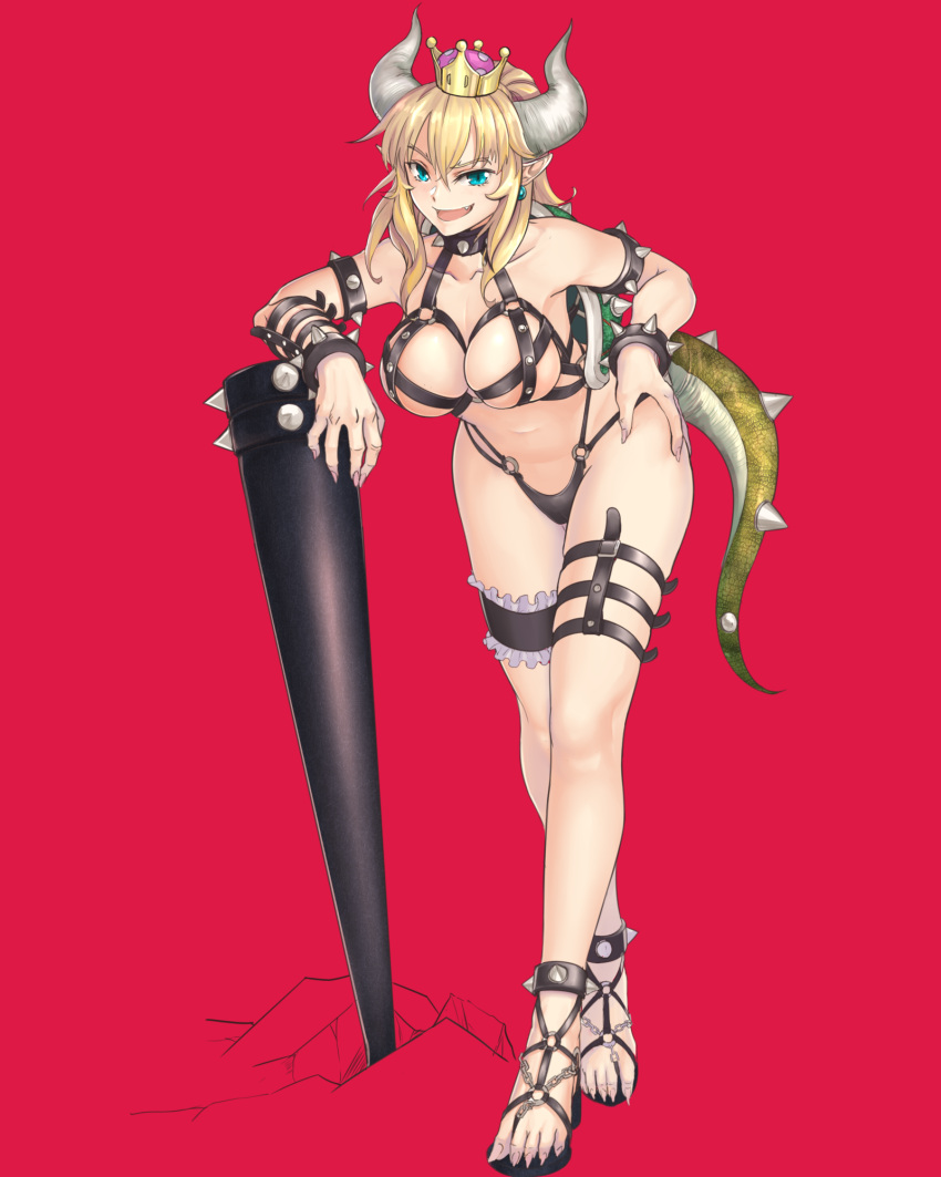 1girl, alba, black_swimsuit, blonde_hair, blue_earrings, blue_eyes, bowsette, bracelet