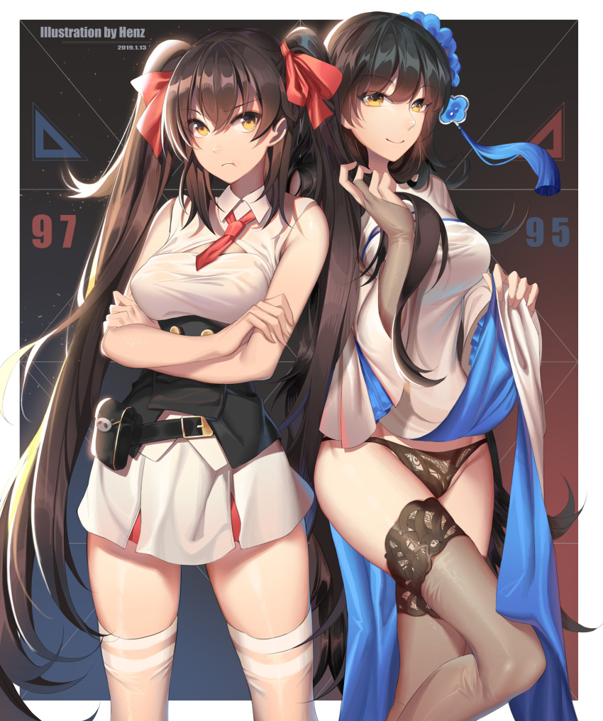 2girls, absurdres, alternate_costume, bangs, belt, black_hair, blush, breasts