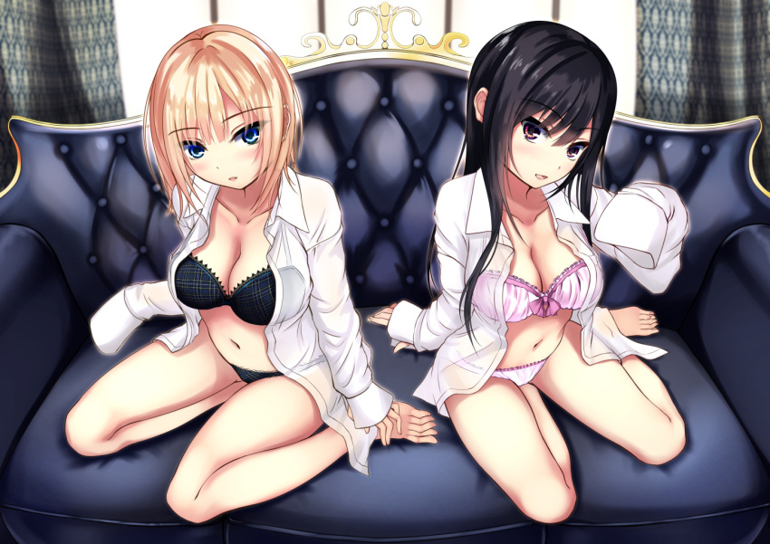 2girls, arm_support, bangs, barefoot, black_bra, black_panties, blonde_hair, blue_eyes, blurry, blurry_background, bow, bow_bra, bra, breasts, brown_eyes, cleavage, commentary, couch, curtains, dress_shirt, eyebrows_visible_through_hair, frilled_bra, frilled_panties, frills, head_tilt, indoors, kurokami_(kurokaminohito), kurono_mika, lace, lace-trimmed_bra, lace-trimmed_panties, light_blush, light_smile, lips, long_hair, long_sleeves, looking_at_viewer, medium_breasts, multiple_girls, navel, no_pants, on_couch, open_clothes, open_mouth, open_shirt, original, panties, print_bra, print_panties, purple_bra, purple_panties, shirt, sitting, sleeves_past_wrists, smile, underwear, wariza, window, yokozuwari