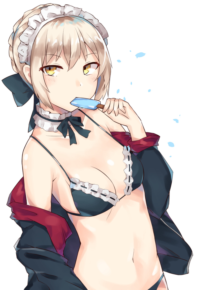 1girl, absurdres, artoria_pendragon_(all), bangs, bare_shoulders, bikini, bikini_under_clothes, black_bikini