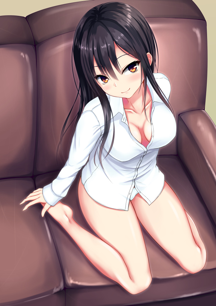 1girl, black_hair, breasts, brown_eyes, closed_mouth, collarbone, commentary_request, couch