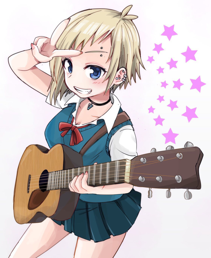 1girl, :d, acoustic_guitar, blonde_hair, blue_eyes, blush, choker, earrings