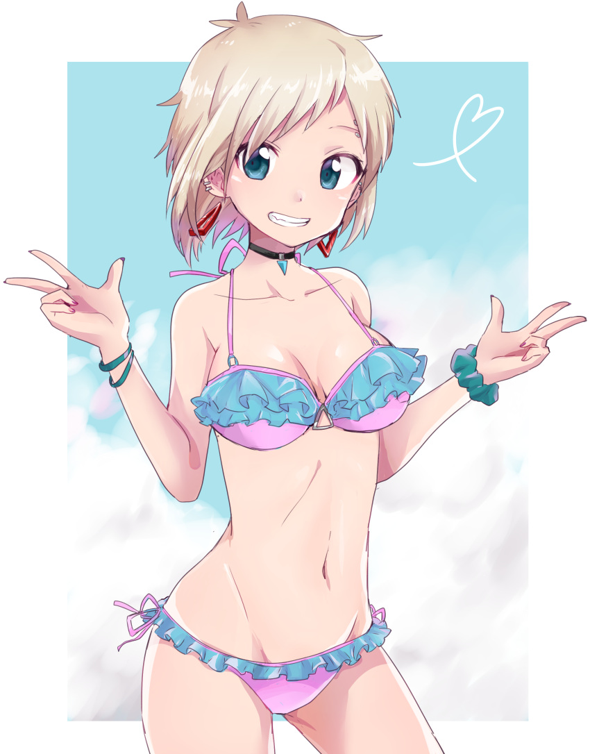 1girl, absurdres, bikini, blonde_hair, blue_eyes, blush, bracelet, breasts