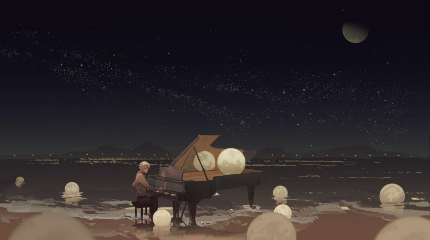 1boy, beach, black_pants, grand_piano, highres, horizon, instrument, moon