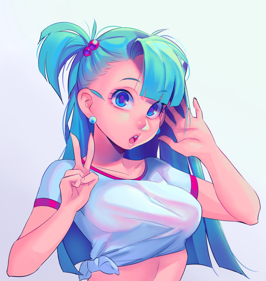 1girl, absurdres, aqua_eyes, aqua_hair, breasts, bulma, cassettecreams, dragon_ball, earrings, highres, jewelry, midriff, one_side_up, open_mouth, peace_symbol, shirt, solo, t-shirt, v