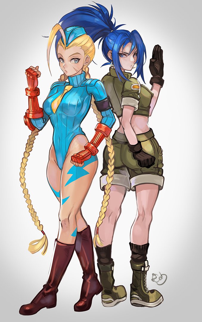 2girls, ahoge, alpaca_carlesi, aqua_leotard, back-to-back, blonde_hair, blue_eyes, blue_hair