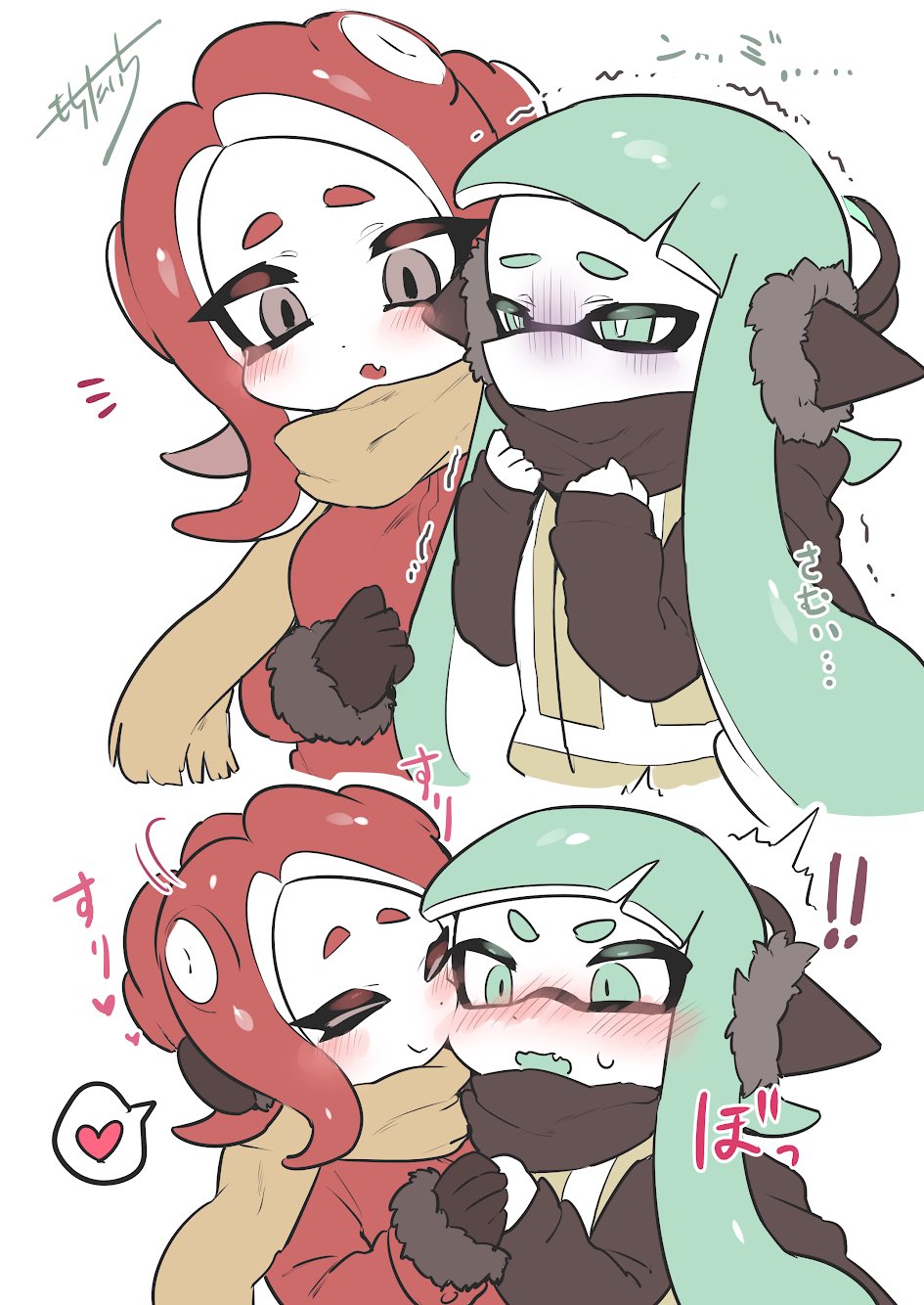 2girls, agent_3, agent_8, bangs, blunt_bangs, cephalopod_eyes, coat, cold
