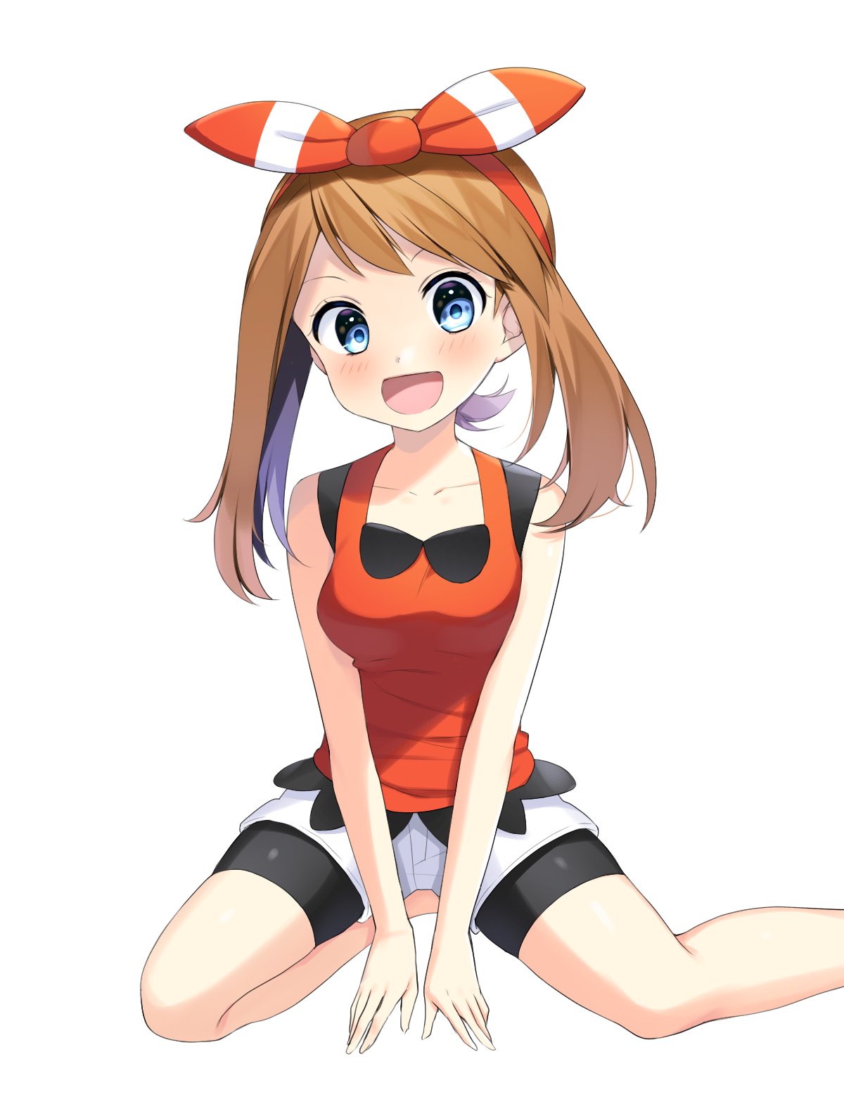 1girl, :d, between_legs, bike_shorts, black_shorts, blue_eyes, blush, bow