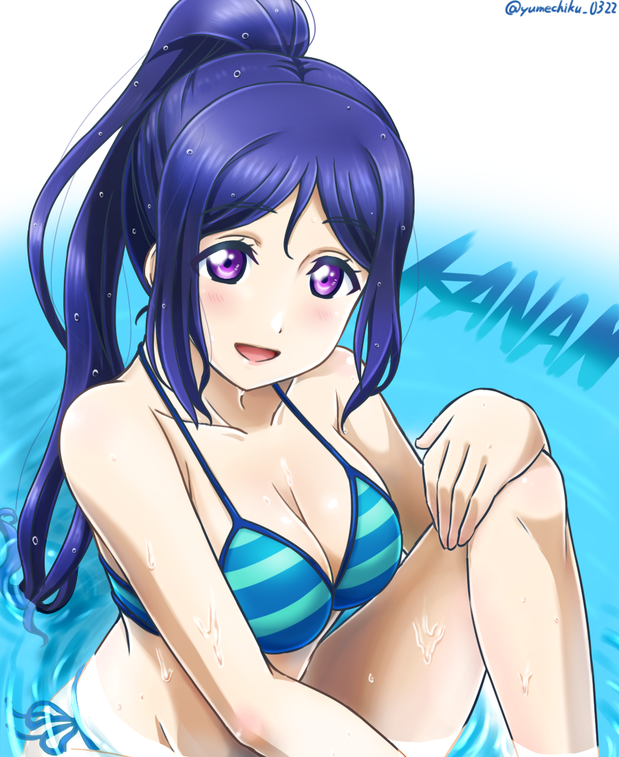 1girl, :d, bangs, bikini, blue_bikini, blue_hair, breasts, character_name, cleavage, collarbone, eyebrows_visible_through_hair, gradient, gradient_background, hair_between_eyes, hand_on_own_knee, high_ponytail, long_hair, looking_at_viewer, love_live!, love_live!_sunshine!!, matsuura_kanan, medium_breasts, open_mouth, parted_bangs, shiny, shiny_skin, side-tie_bikini, sideboob, sitting, smile, solo, striped_bikini_top, swimsuit, twitter_username, very_long_hair, violet_eyes, wet_hat, white_background, yumechiku