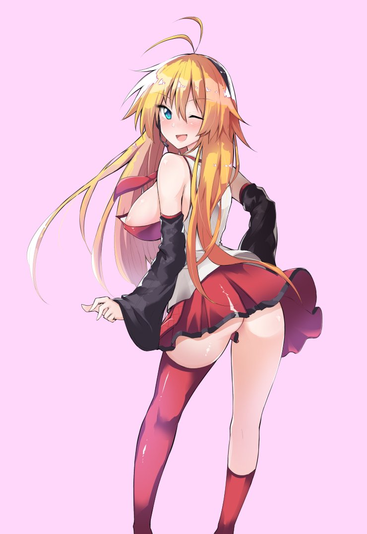1girl, antenna_hair, bare_shoulders, blonde_hair, breasts, chipa_(arutana), detached_sleeves, eyebrows_visible_through_hair