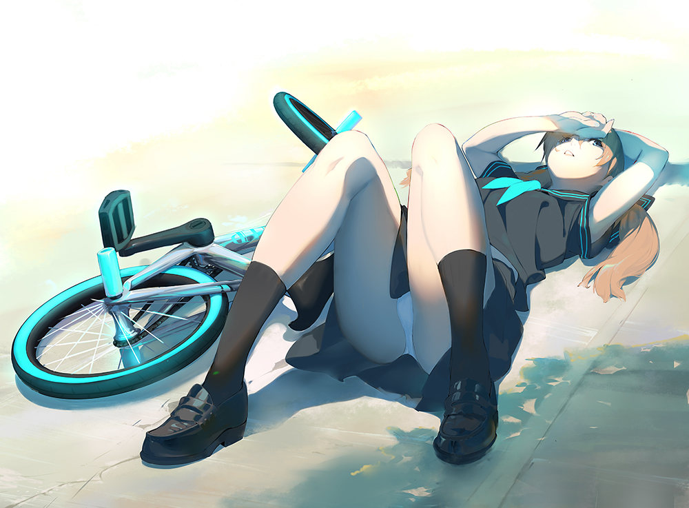 1girl, aqua_neckwear, arms_up, bicycle, black_footwear, black_legwear, black_sailor_collar, black_serafuku