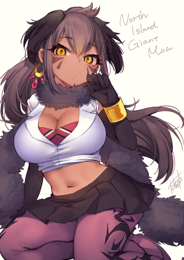 1girl, arm_at_side, bangs, black_hair, black_skirt, bracelet, breasts, brown_hair, character_name, cleavage, crop_top, cropped_shirt, dark_skin, earrings, elbow_gloves, eyebrows_visible_through_hair, eyelashes, facepaint, facial_mark, fur_scarf, gloves, hand_up, hatagaya, high_heels, jewelry, kemono_friends, kneeling, large_breasts, long_hair, looking_at_viewer, midriff, multicolored_hair, navel, north_island_giant_moa_(kemono_friends), orange_eyes, pantyhose, parted_lips, purple_footwear, purple_legwear, scarf, shirt, shoes, short_sleeves, sidelocks, signature, skirt, solo, stomach, two-tone_hair, white_shirt