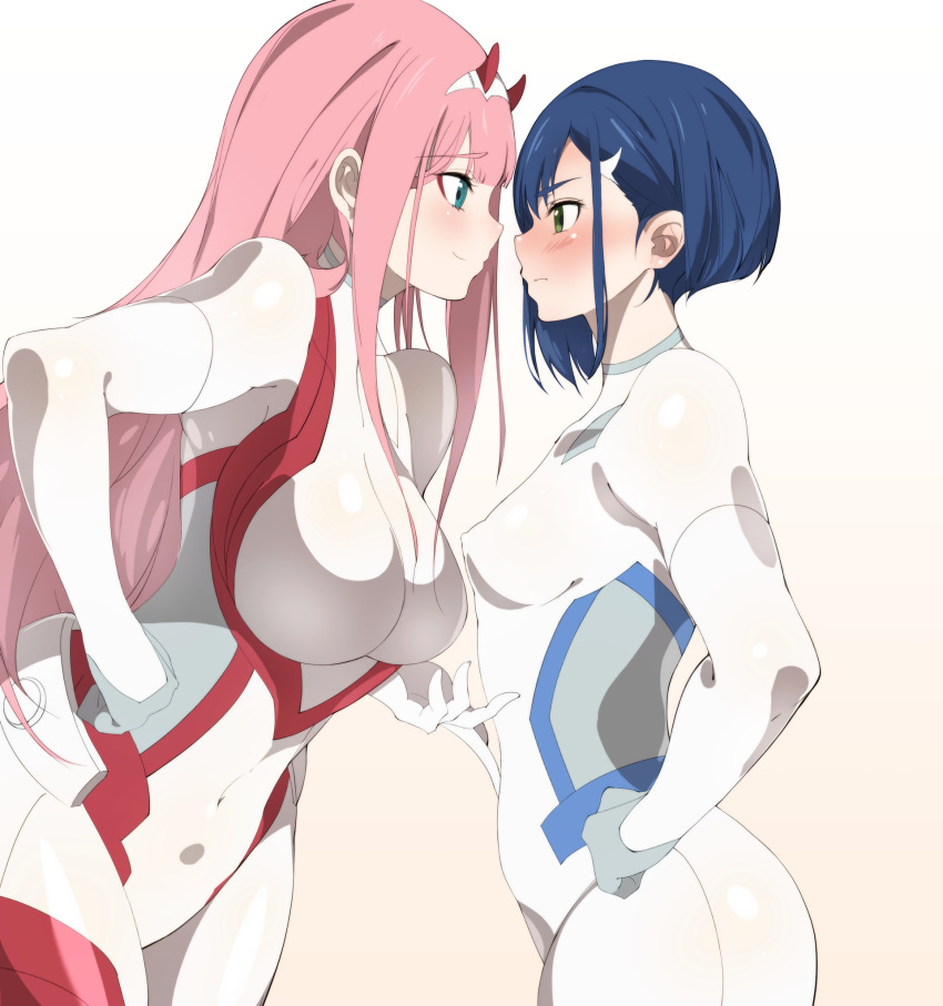 2girls, bangs, blue_eyes, blue_hair, blush, bodysuit, breasts, commentary