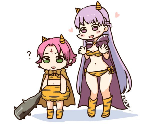 2girls, alternate_costume, animal_print, cape, club, fa, facial_mark, fake_horns