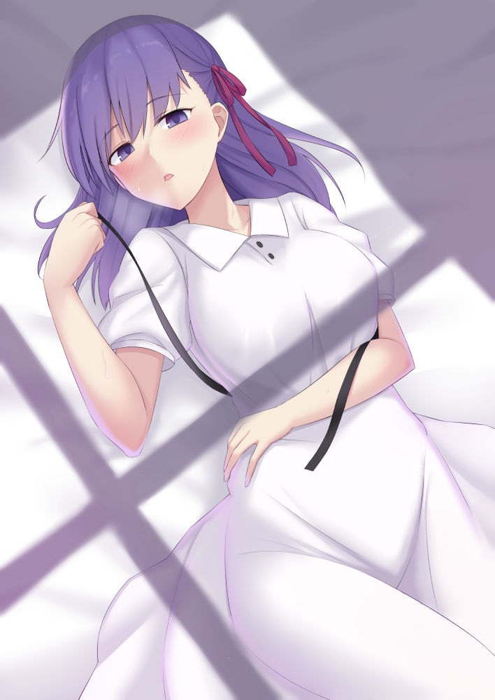 1girl, :o, akahi242, bangs, bed_sheet, blush, breasts, collared_dress