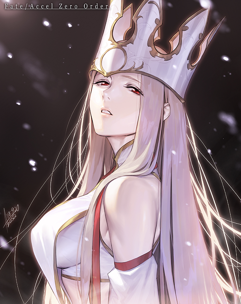 1girl, azusa_(hws), bare_shoulders, black_background, breasts, commentary_request, crop_top, crown