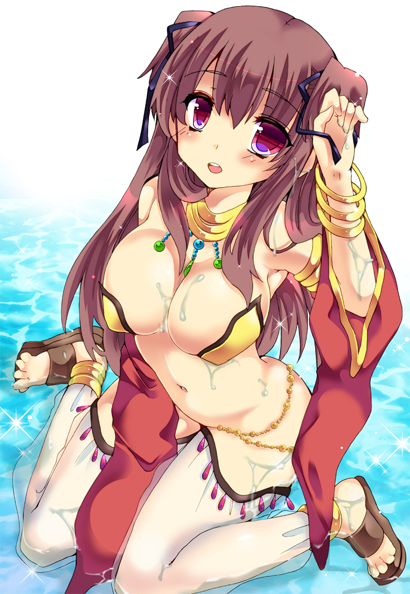 1girl, breasts, brown_hair, gypsy_(ragnarok_online), large_breasts, long_hair, midriff, navel