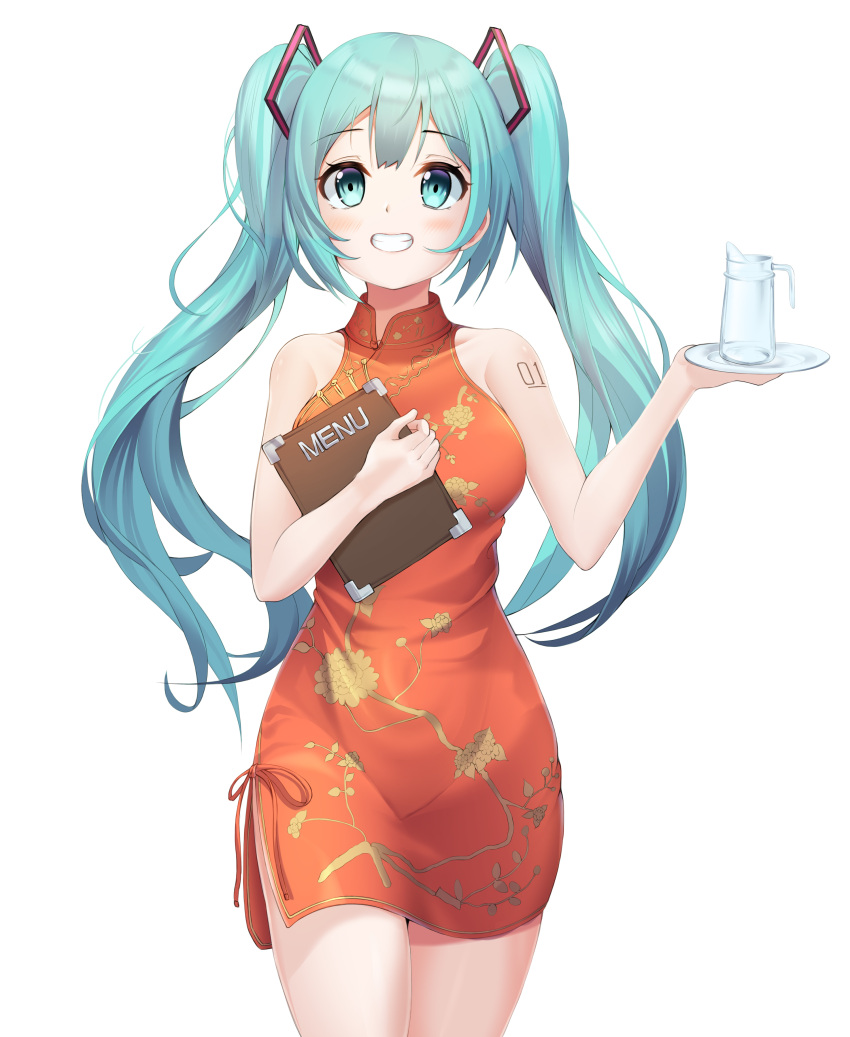 1girl, absurdres, aqua_eyes, aqua_hair, bangs, bare_shoulders, blush, china_dress