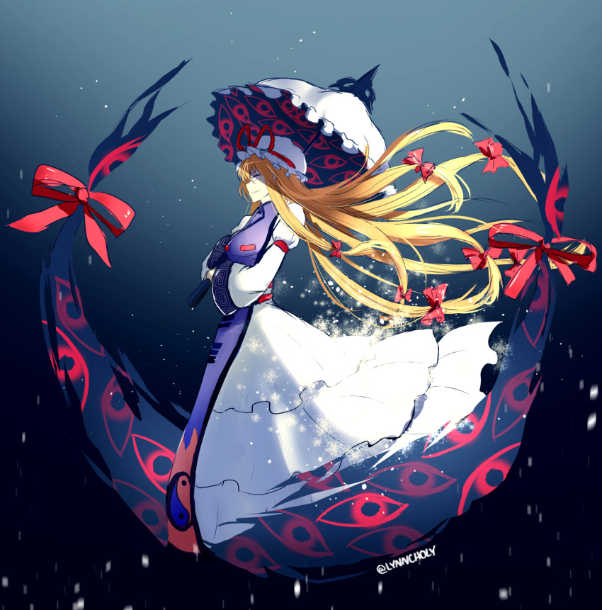 1girl, arm_strap, bangs, black_background, bow, breasts, dress, eyes