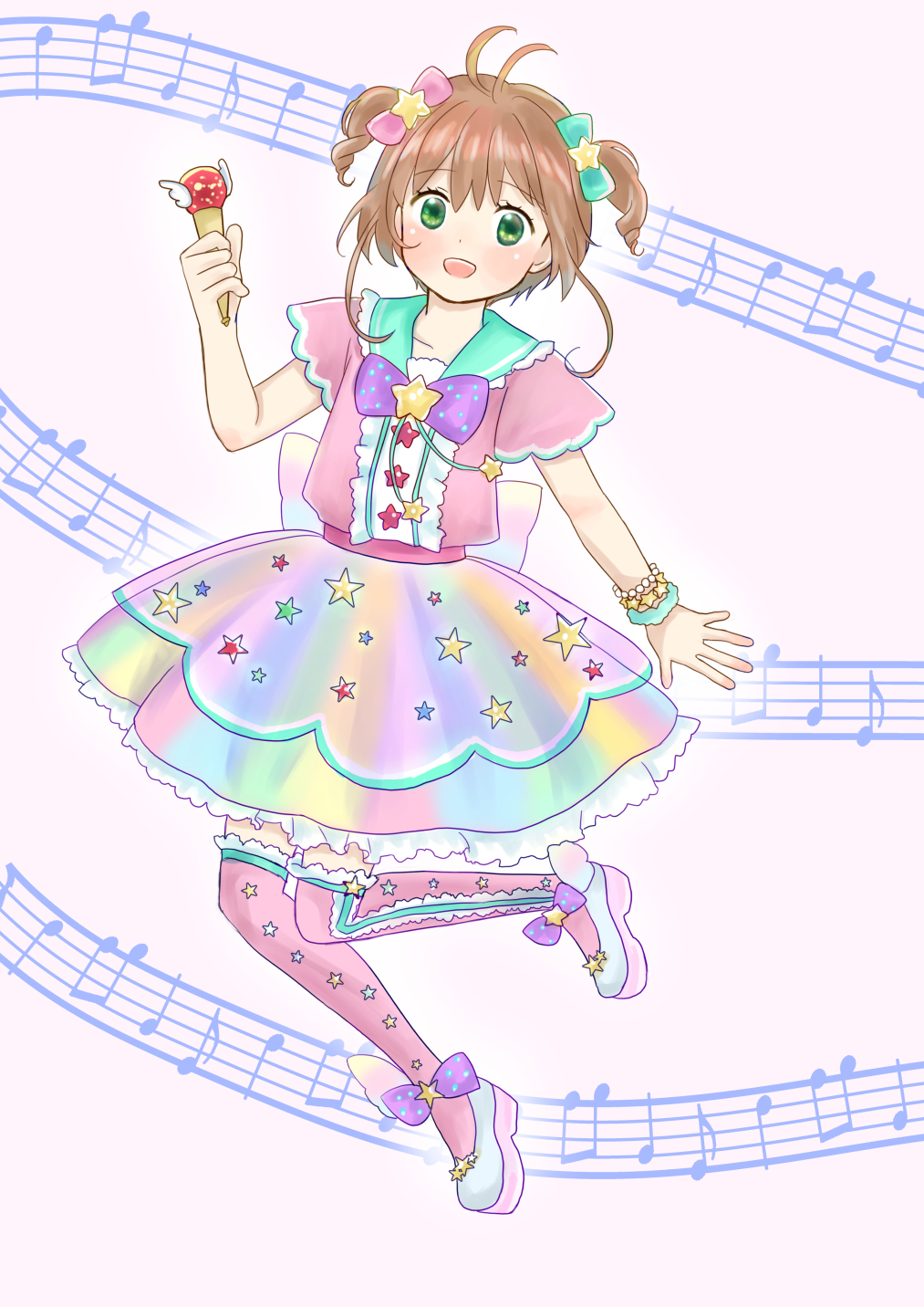 1girl, :d, bow, brown_hair, card_captor_sakura, cosplay, dress, green_eyes, highres, ichigo_daifuku_(blumenwalzer0903), kinomoto_sakura, microphone, multicolored, multicolored_clothes, multicolored_legwear, musical_note, open_mouth, over-kneehighs, pripara, short_twintails, smile, staff_(music), star, thigh-highs, twintails, yumekawa_yui, yumekawa_yui_(cosplay)
