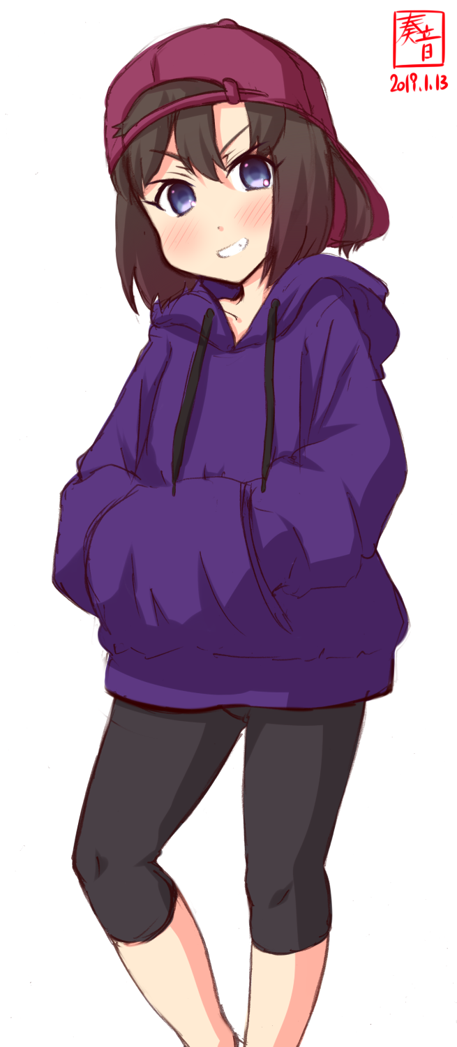 1girl, alternate_costume, artist_logo, backwards_hat, baseball_cap, black_hair, black_pants, blue_eyes